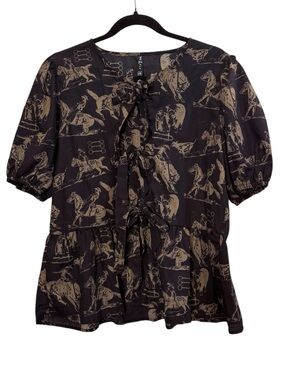 Black & Tan Western Prairie Rodeo Print Ruffle Tie-Front Peplum Blouse Sz LG